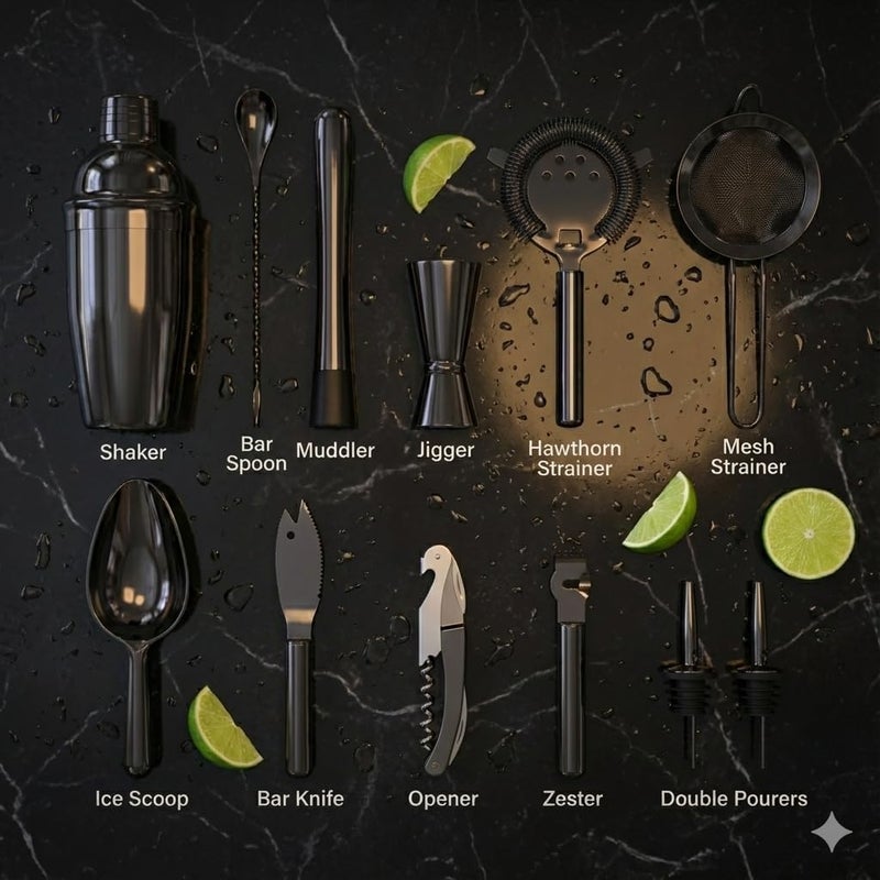 Highball  Chaser Highball & Chaser 13-Piece Cobbler Cocktail Shaker Set: Black Polished Stainless Steel Bartender Kit for Home Bar Set | Laser Engraved Tools Plus E-Book with 30 Recipes - Image 3